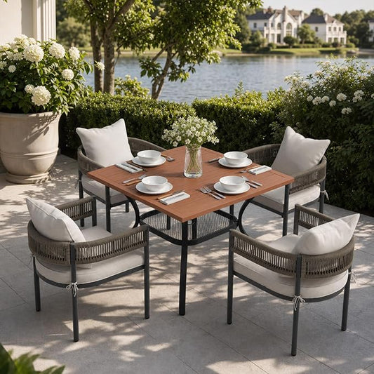 VICLLAX Patio Dining Set, 37.8" Walnut Table & 4 Chairs with Wheat Cushion | Outdoor Table and Chairs Set of Square Metal Patio Table, Outdoor Dining Chairs with Metal Frame, Garden Deck Porch