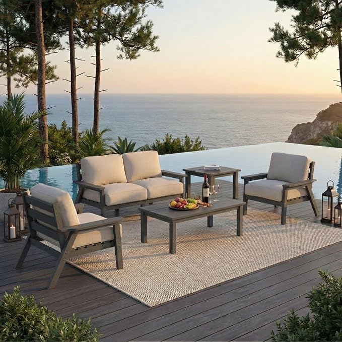 HDPE 6 Piece Patio Furniture Set, Outdoor Couch with Washable Thick Beige Cushions & Coffee Table & Side Table, Outdoor Sectional Furniture for Backyard, Deck, Lawn, Porch (Gray Frame)