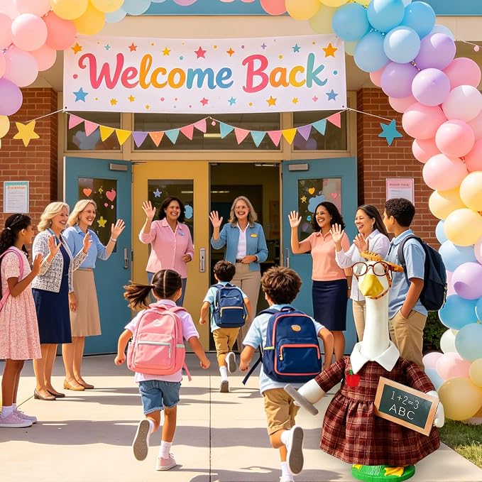 Back to School Porch Goose Outfit – Teacher Costume Set with Ruler Headpiece, Glasses, Plaid Skirt, Exam Papers & Chalkboard Prop for 23'' H Plastic/Cement Statues, Classroom Yard Garden Decor
