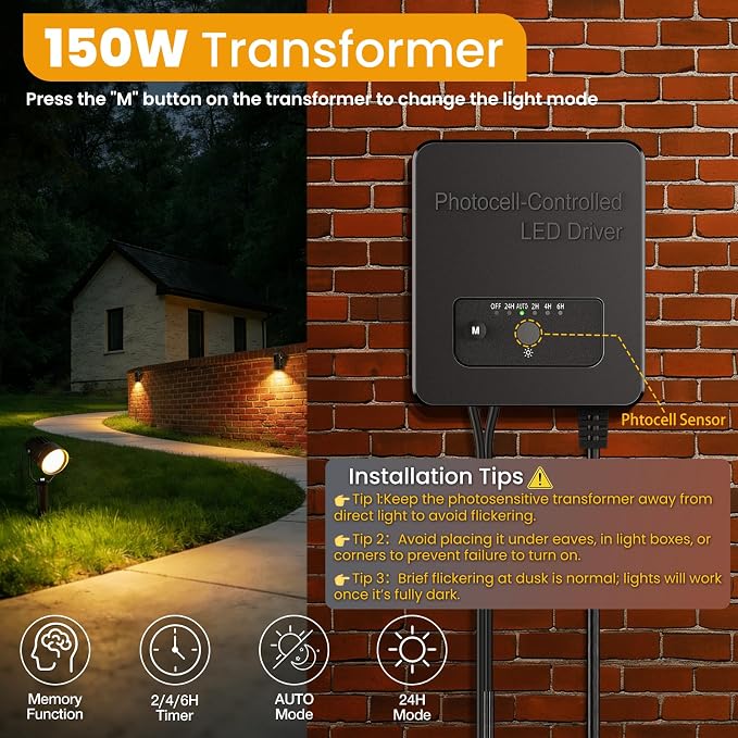 Low Voltage Landscape Lighting Kit, 3000K Spotlights Outdoor 12Pack | All-in-One Landscape Light with 150W Transformer Dusk to Dawn, 100FT Wire, IP66 Waterproof Outdoor Light for Yard Path 12-24V