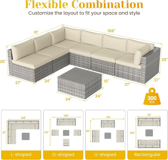 May in Color 7 Pieces Outdoor Patio Furniture Sets with Glass Tea Table, PE Rattan Wicker Patio Conversation Set with Washable Cushions, Outdoor Patio Sectional Sofa Couch, Beige