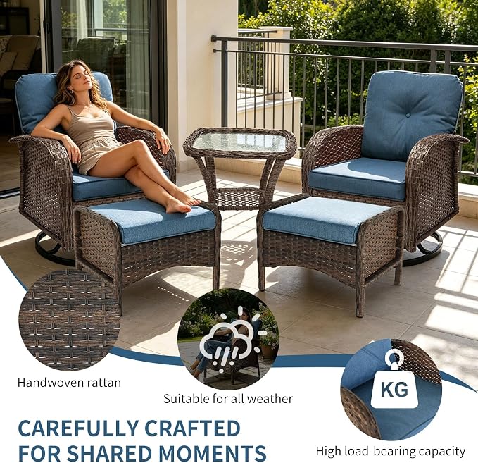 Outdoor Swivel Rocker Patio Chairs (Brown Wicker/Blue Cushion, 5PC/Swivel & Side Table & Ottomans)