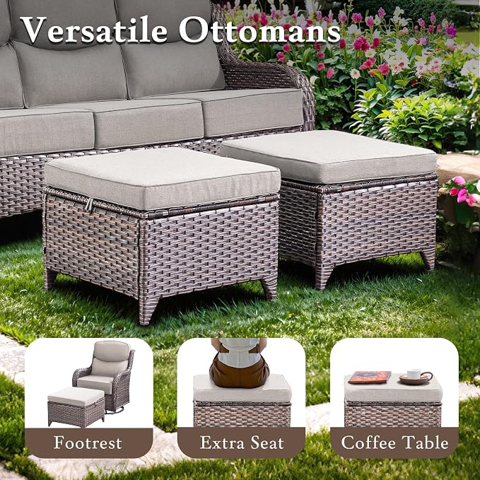 Luxury High Back Outdoor Furniture Set with 6-inch Thick Cushions, Patio Furniture Set with Swivel Chairs, 10 PCS Wicker Conversation Set for Yard, Deck, Poolside, Brown/Beige