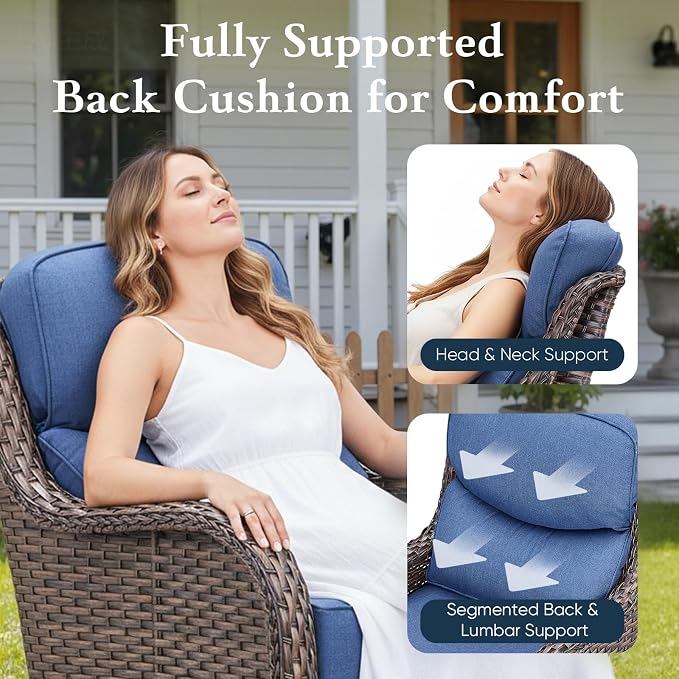 Belord Luxury 6" Thick Cushioned Outdoor Swivel Rocker Chairs Set of 4 with Fire Pit Table, High Back Wicker Patio Furniture Set with Ergonomic Zone Back, Conversation Set for Deck Porch - Brown+Blue