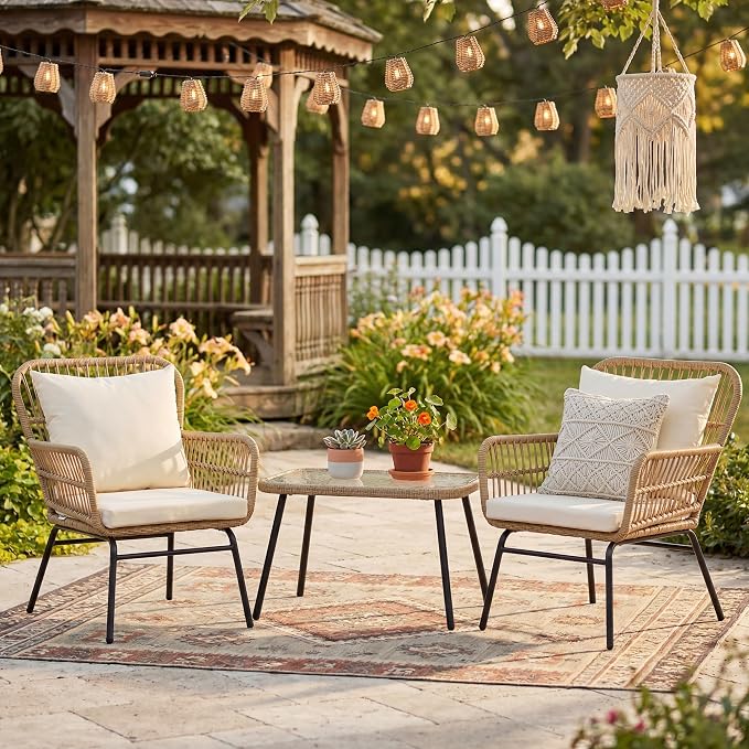 BULEXYARD 3 Pcs Boho Outdoor Patio Furniture Sets with Side Coffee Table, Natural Color Wicker Conversation Chair Sets with Cozy Beige Cushion for Backyard Porch Balcony Deck