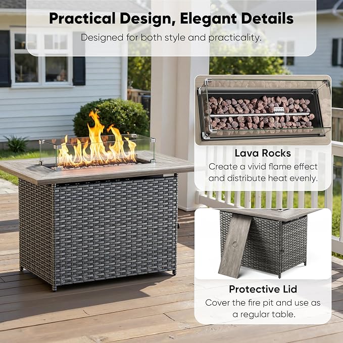 Luxury Patio Furniture Set with 42.5" Fire Pit Table, 10 Pieces High Back All Weather Wicker Outdoor Furniture w/ 6-Inch Thick Cushions, Patio Swivel Chairs Couch for Deck Balcony Backyard Brown/Blue