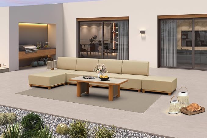 PURPLE LEAF Patio Furniture Set Modular L-Shaped Outdoor Sectional Sofa with 11" Thick Cushion 7-Piece Outdoor Conversation Set w/Ottomans & White Lights for Backyard Poolside Table Included, Beige