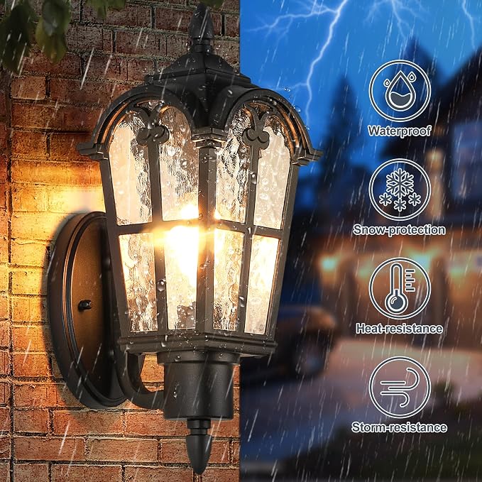 20’’ Extra Large Outdoor Wall Light Fixture, Exterior Wall Lantern Sconce | Waterproof, Rust-resistant, Matte Black, Water Ripple Glass, Quick & Easy Installation, Retro & Traditional