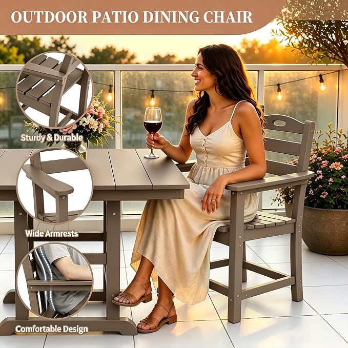 Outdoor Patio Dining Square Table and Armchair 5 Piece Set, Brown | HDPE Material, 1.77" Umbrella Hole, All-Weather, Patio Furniture, Table and 4 Chairs, For Backyard, Deck, Garden