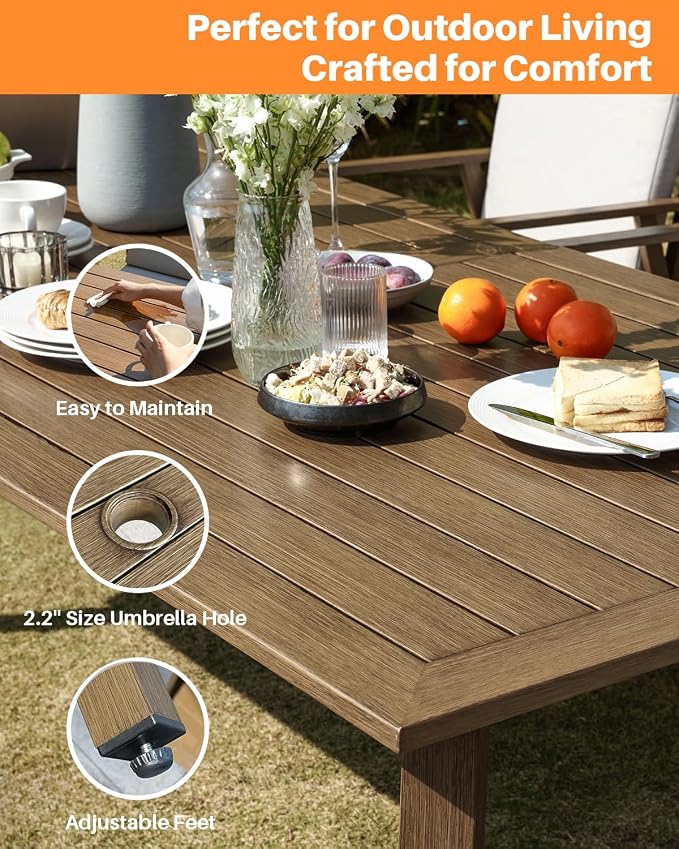 9 Pieces Patio Dining Set for 8, Never-Rust All-Aluminum Outdoor Dining Set with Removable Cushions, Patio Furniture Set with 2 Swivel Chairs, Patio Table and Chairs Set for Deck Yard, Teak