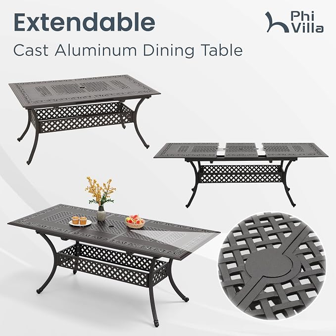 PHI VILLA Outdoor 7 Pieces Expandable Cast Aluminum Dining Set for 6, Extendable Metal Table with Umbrella Hole & Cushioned Wicker Chairs, Dining Furniture Set for Patio, Deck, Yard and Porch