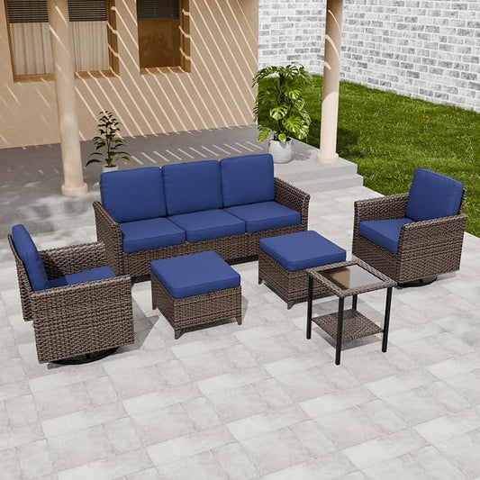 COOS BAY Harbor Retreat 6 Piece Outdoor Furniture Set, Patio Conversation Set with Swivel Rocking Chairs, 3 Seat Couch, Side Table and Ottomans, Wicker Furniture, Brown/Blue