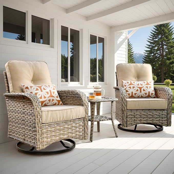 Outdoor Swivel Rocker Patio Chairs, Wicker Glider Swivel Rocking Chair Set of 2, All-Weather Rattan Bistro Set with Coffee Table for Deck Porch Balcony Poolside, Begie