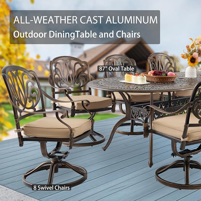 9-Pcs Cast Aluminum Patio Dining Set with 8 Swivel Chairs,Bronze | Outdoor Furniture Set Include 87" Oval Dining Table and 8 Swivel Chairs with Cushions & Umbrella Hole