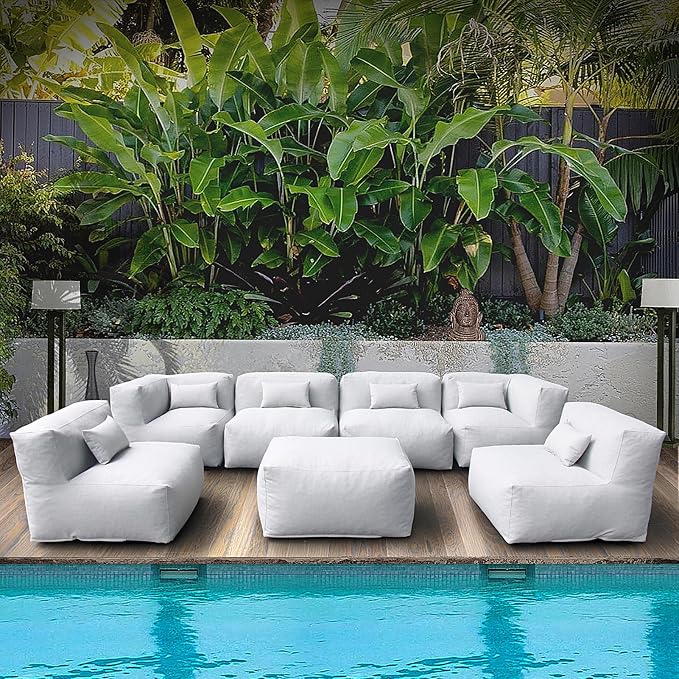 Patio Furniture Set Bean Bag Outdoor Chairs Sectional Conversation Patio Set Daybed Furniture Outdoor Sofa Couch High Density Foam Filling Modern Comfy Patio Couch (Light Gray), A01-7G