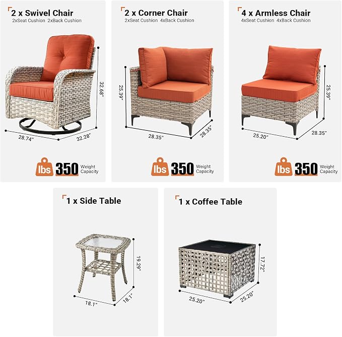 10 Pieces Wicker Patio Furniture Set,Outdoor Sectional Sofa with Swivel Chairs Coffee Table,Outside Deep Seat Rattan Couch Conversation Set,Orange Line