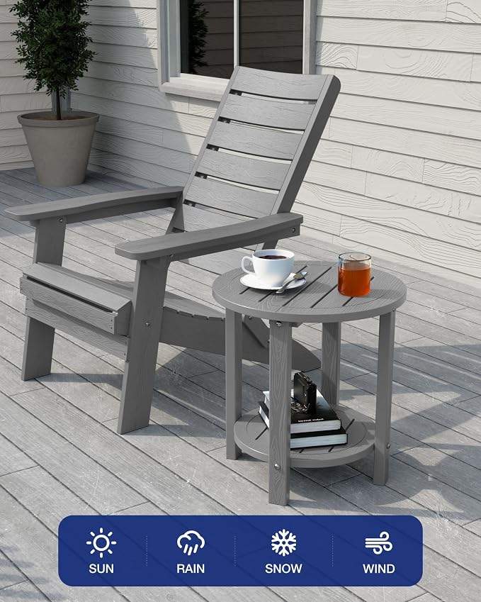 YEFU Outdoor Side Table for Patio: 16in HIPS Small Round Outdoor End Table - 2-Tier Adirondack Tables for Patio Porch Yard Poolside Living Room Beach Bedroom (Grey, 1 Pack)