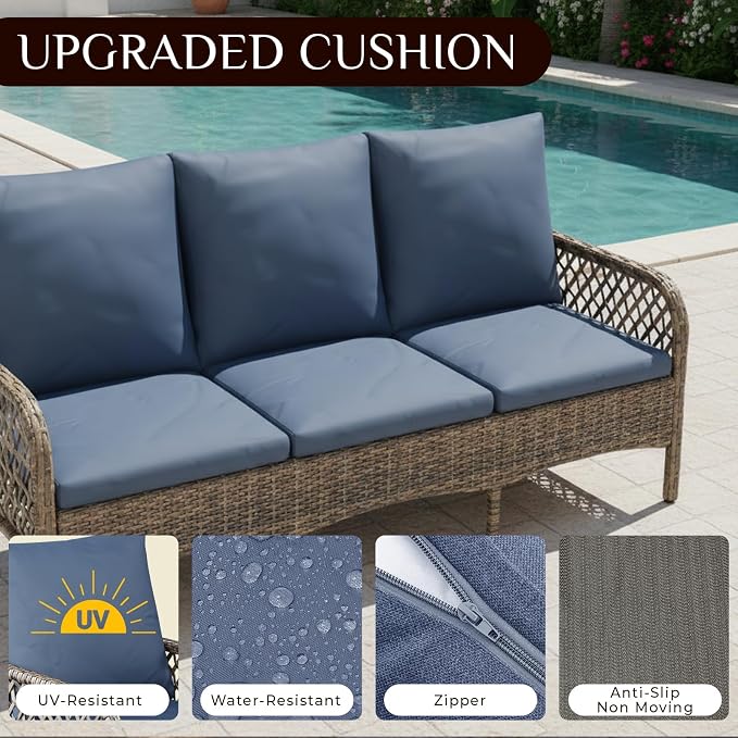AECOJOY Patio Furniture Set Outdoor Sectional Sofa Couch and High Back Swivel Rocker Patio Chairs 6PCS Brown Wicker Conversation Set (6PCS- Whole Set, Dark Blue)