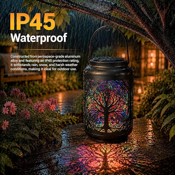 Tree of Life Solar Lantern Outdoor, Decorative Metal Solar Hanging Light with Colorful Light Pattern, Waterproof Garden Lantern for Patio, Yard, Porch, Balcony, Gifts for Women Mom Grandma