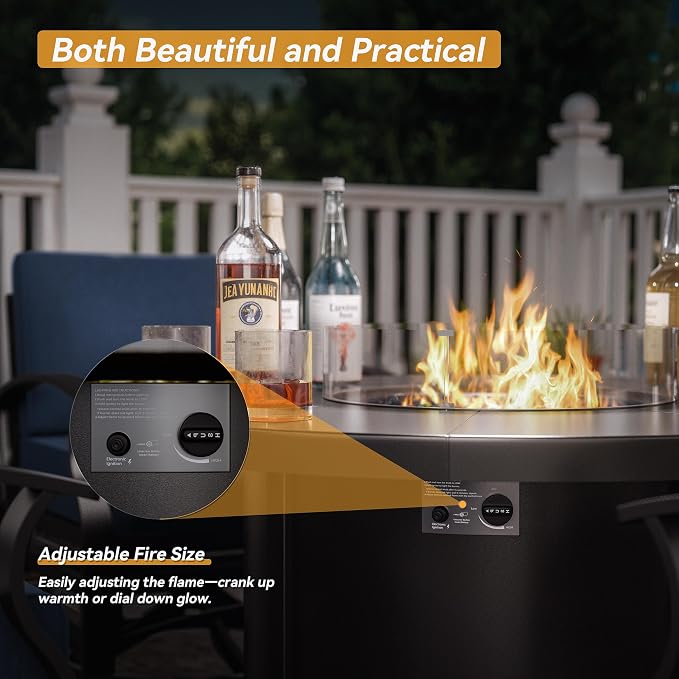 Kurapika 5 Piece Modern Metal Outdoor Conversation Sets, Patio Furniture Set, 4 Aluminum Swivel Chairs w/48in Round Propane Fire Pit Table and Thickened Cushions, Navy Blue