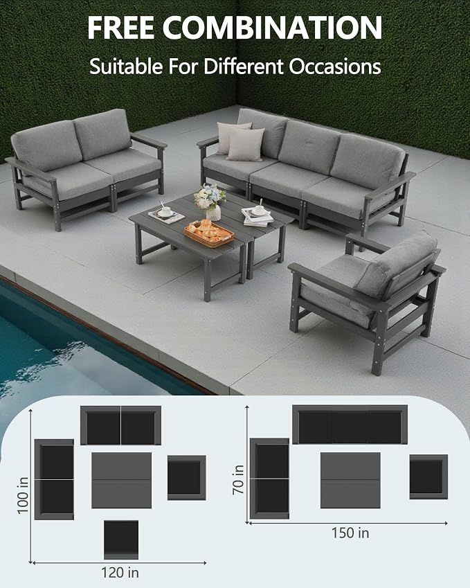 HDPE Outdoor Patio Furniture Set, 8-Piece Sofa Set with 3-Seat Couch,loveseat, Armchair & 2 Coffee Tables, Weatherproof Conversation Set with Cushions,for Garden, Porch & Backyard