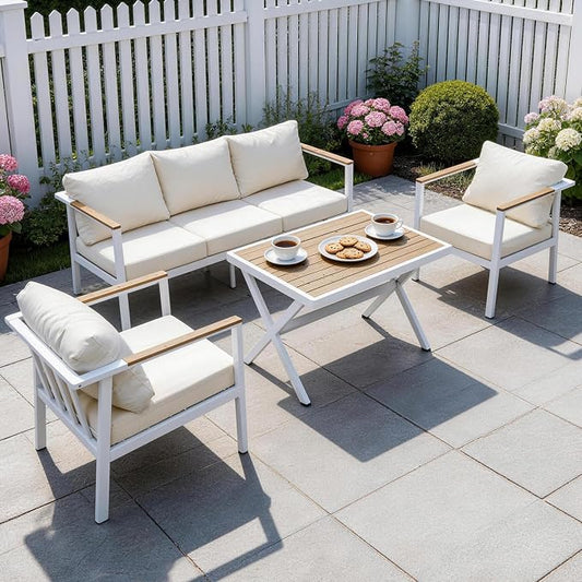 Aluminum Patio Sectional Furniture Set,4 piece Patio Conversation Sets Outdoor Patio Furniture Set Sofa with Coffee Table & Washable Cushions White
