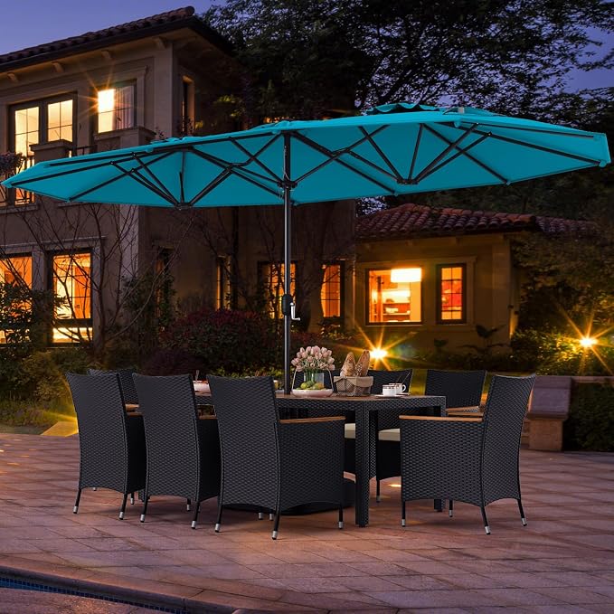Tangkula 11 Piece Patio Wicker Dining Set w/Double-Sided Patio Umbrella, 8 Stackable Cushioned Chairs, 71" Acacia Wood Dining Table & 15 ft Umbrella with Weighted Base (Turquoise + Off White)