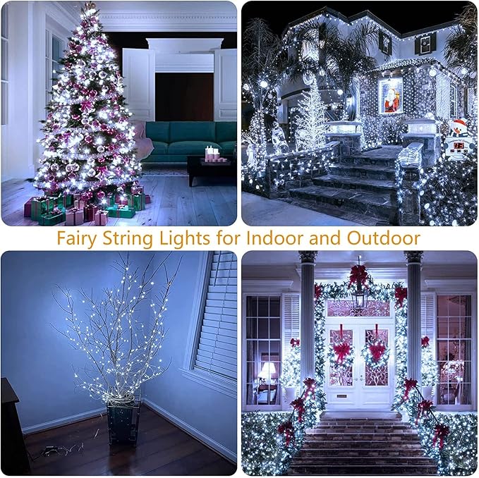 33FT 100 LED Fairy Lights Plug in, 8 Modes Twinkle Lights Cool White | Waterproof String Lights Outdoor Indoor, Memory, Timer, Copper Wire, Christmas Lights for Bedroom Garden Party Holiday Decor
