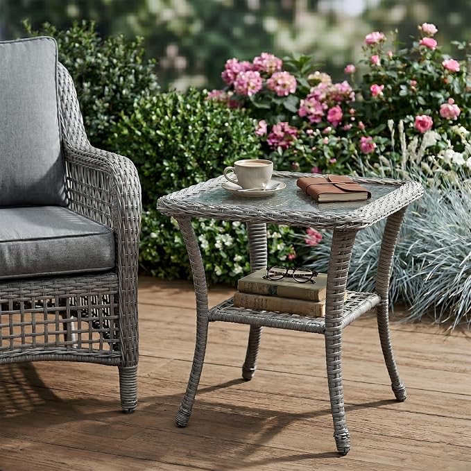 VIVIJASON Outdoor Wicker Side Table, All-Weather Rattan Patio Side Table Bistro Table with 2-Tier Storage, Tempered Glass Top Square End Table for Indoor, Balcony, Garden, Porch, Deck, Gray