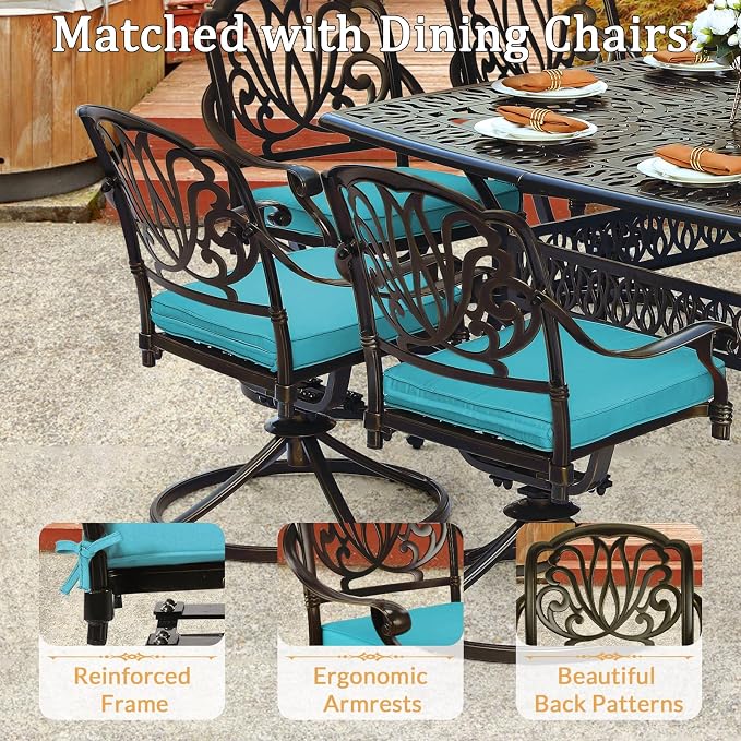 9 Piece Outdoor Patio Dining Set for 8, Cast Aluminium Large Square Dining Table & 2 Swivel Rocker Chairs, 6 Stationary, 8 Cushions, Umbrella Hole, Patio Furniture Set for Garden, Ocean Blue