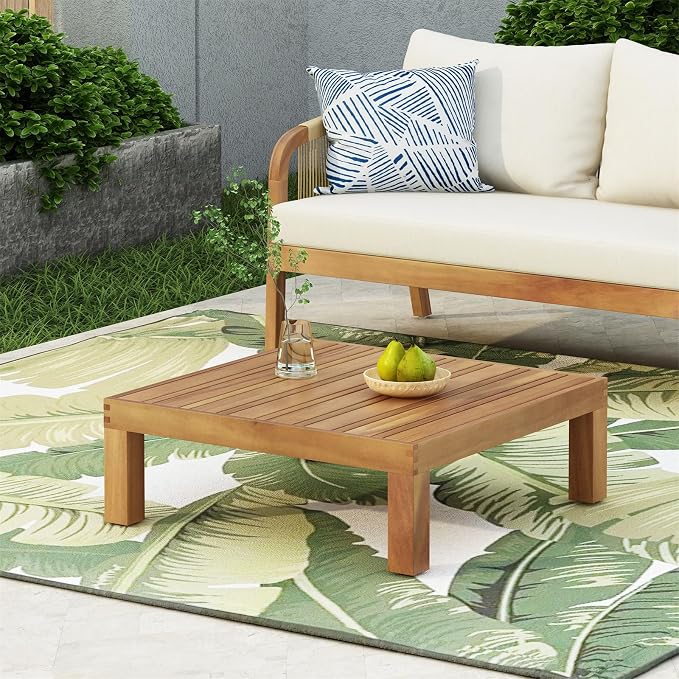 Outside Acacia Wood Coffee Table, Square Outdoor Coffee Table for Patio Lounge, Slatted Tabletop, 29.50 x 29.50 x 10.25 Inch, Teak Color