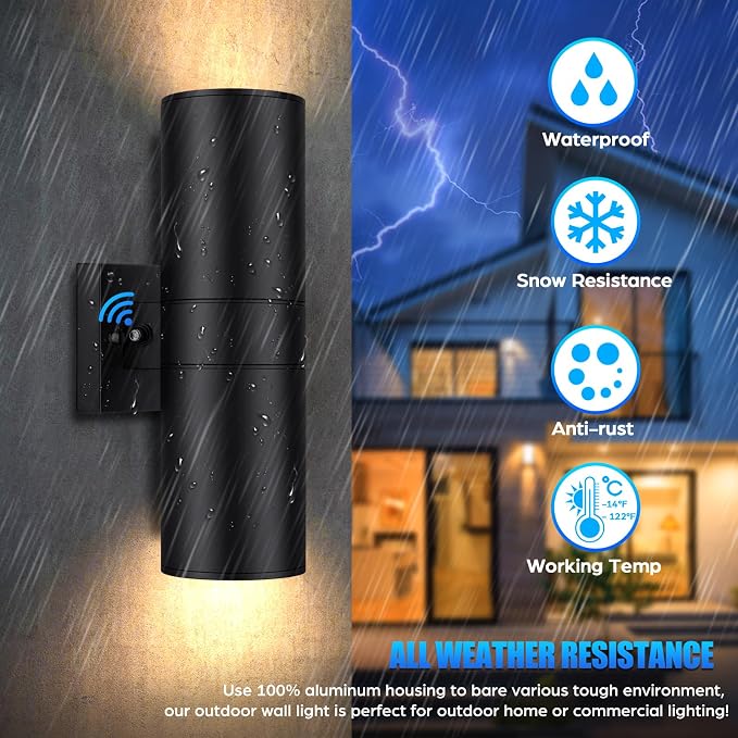 14” Modern Outdoor Wall Light with Dusk to Dawn Sensor, Exterior Light Fixture Wall Mount Waterproof Anti-Rust Cylinder, Up and Down 2 Lights Black Sconces for Porch House Outside Entryway, 2-Pack