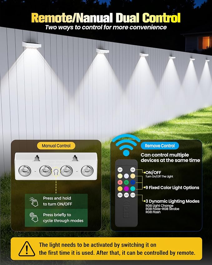 JOFIOS Fence Lights Solar Powered with Remote, 9 Fixed Colors ＆ Color Changing White Fence Lights Waterproof IP65 Dusk-to-Dawn LED Deck Lighting for Patio, Pool, Porch, Backyard, Wall, 12 Pack