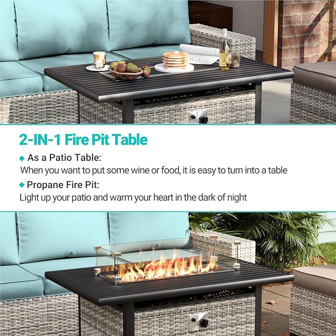7Pcs Patio Rocking Swivel Chair with 55,000 BTU Fire Pit Table Outdoor Wicker Rattan Bistro Set with Tempered Glass Side Table, Outdoor Patio Furniture Set for Garden and Balcony, Light Blue