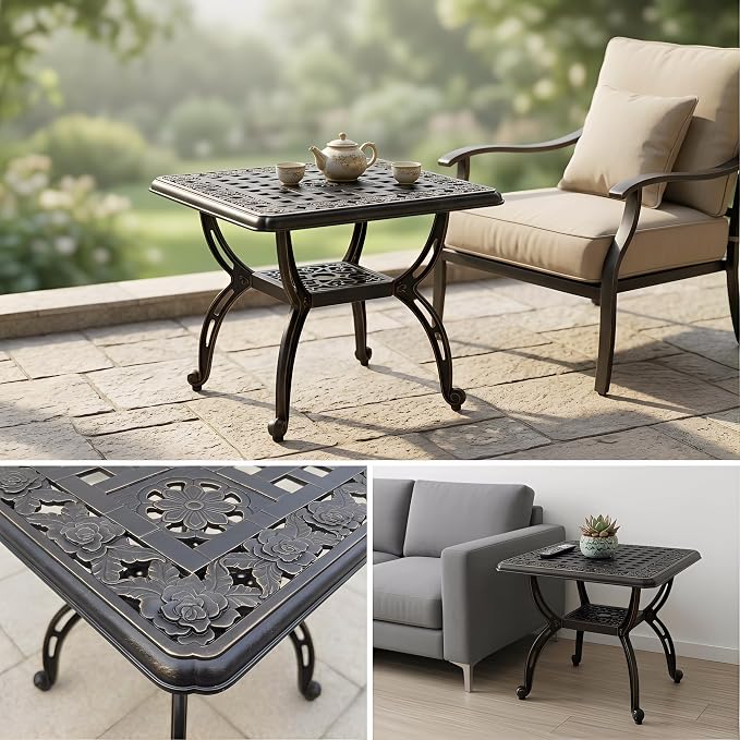 Square Outdoor Coffee Table, Cast Aluminum Side Table with Storage,Indoor End Table, All-Weather Bistro Table for Patio Garden Lawn,Bronze