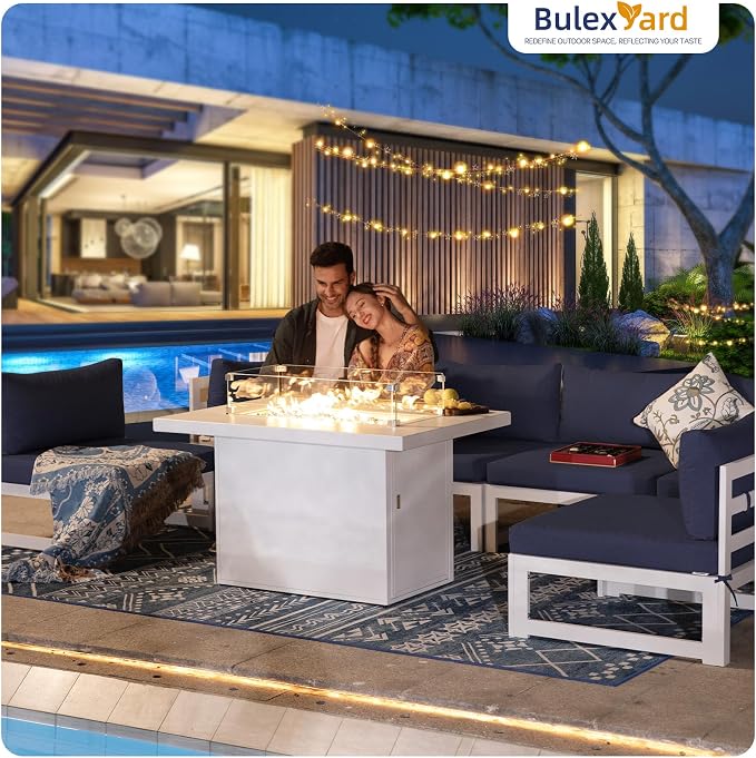 BULEXYARD 9 Piece L Shaped Contemporary Aluminum Outdoor Furniture Set with Firepit, 29" Deep Wide Large Couch Set, 500 lbs High Weight Capacity Modular Patio Sectional Sofa for Exterior, Navy Blue