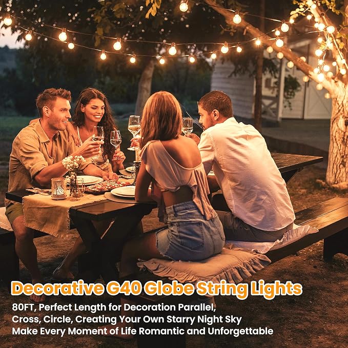 80FT Outdoor G40 LED Globe String Lights Dimmable Waterproof | Light Strings with 40 Shatterproof Bulbs Connectable Commercial Hanging Lights for Christmas Patio Backyard Balcony Party