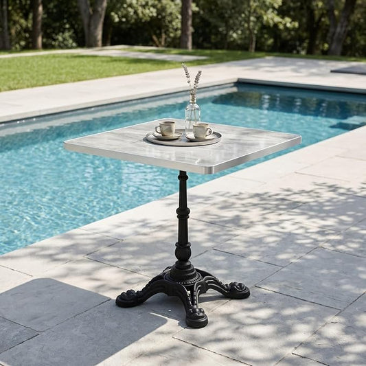 31.5" Square Outdoor Patio Dining Bistro Table, Sintered Stone Top | Glossy sintered stone top, cast iron tulip base, compact size for patio, balcony, garden, or café use, 2-4 People Dining
