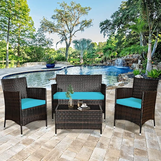 4 Pieces Patio Sofa Set, Wicker Conversation Set with Ergonomic Curved Backrest, Rattan Furniture Set with Water-Resistant Cushion & Tempered Glass Table for Balcony, Porch (Turquoise)