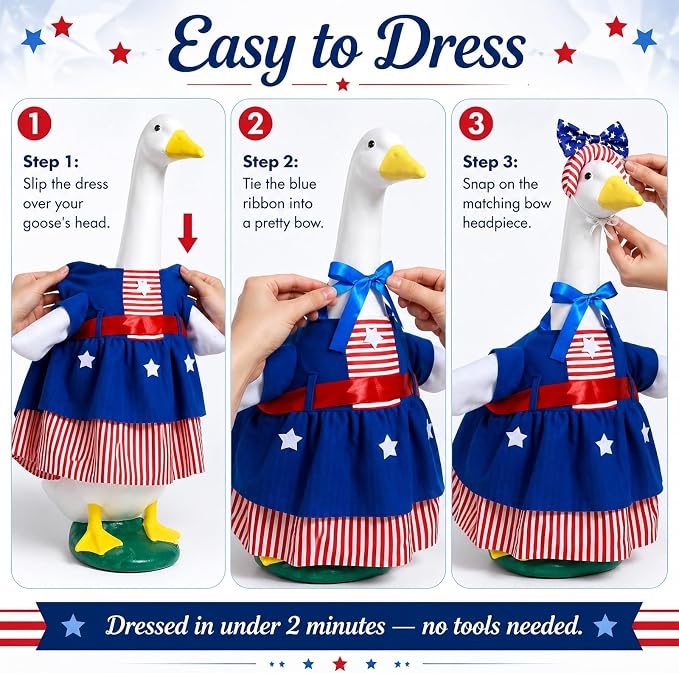 Patriotic Porch Goose Outfit 23 Inch - American Flag Goose Clothes for Lawn Statue, Red White Blue Costume for Memorial Day Veterans Day Decor, Outdoor Garden Patio Yard Decoration