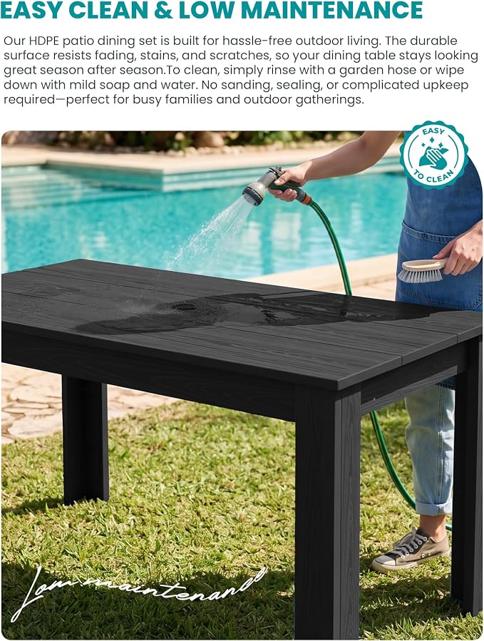 SERWALL 7 Piece Outdoor Dining Sets with 1 Umbrella Hole Cut-Out Rectangular Table and 6 Textilene Chairs, HDPE Dining Sets for 6 Person, Black