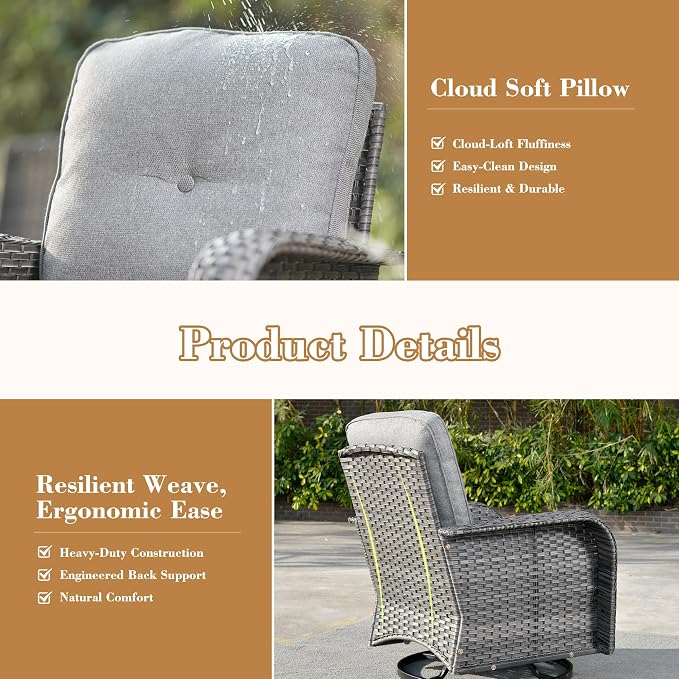 3 Pieces Patio Furniture Set, High Back Outdoor Swivel Rocker Chairs, Wicker Outdoor Furniture with Swivel Rocking Chairs and Side Table for Porch, Backyard, Balcony, Dark Grey
