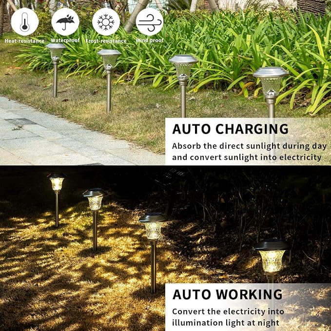 GIGALUMI Metal & Glass Solar Lights Outdoor, 8 Pack LED Garden Lights | Solar Pathway Lights Waterproof, Warm White Landscape Path Lights, Garden Decor for Yard, Patio, Walkway (Stainless Steel)