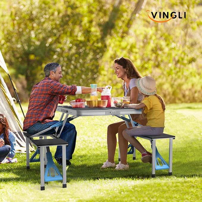 VINGLI 4Ft Portable Folding Picnic Table Camping Table Foldable Set with 4 Seats with Umbrella Hole Suitcase Card Table-220 Lbs Support Aluminum Frame, Plastic RV Tabletop for Yard, Travel-Blue