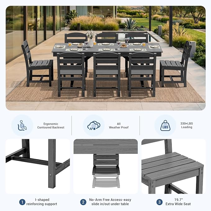 KINGYES Outdoor Armless Dining Chairs Set of 4,All-Weather HDPE Patio Chairs for Backyard,Pooside,Grey