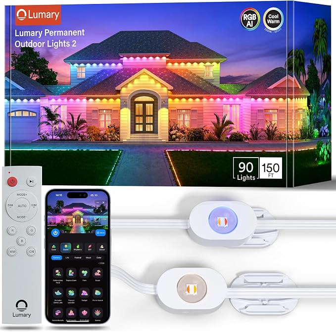 Lumary Permanent Outdoor Lights 2 with Remote, 150ft RGBAICW Outdoor Lights | 16 Million Color, IP 67 Waterproof, Work with Alexa Google, 110+ Scene Modes for Outdoor House Patio Area, 90 RGBAICW LEDs
