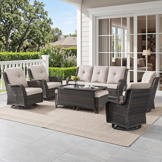 Belord 8 Piece Wicker Patio Furniture Set, Outdoor Swivel Rocker Chairs Set of 4 with Ottomans and Rattan Couch, All Weather Patio Conversation Furniture Set, for Pool,Yard Brown Wicker/Beige