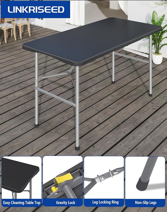 4FT Black Folding Table for Outdoor, 4 Foot Picnic Tables No Assembly Required Portable, Black Foldable Table for Camping, Parties, Meeting, Events, Wedding, BBQ, with Carrying Handle