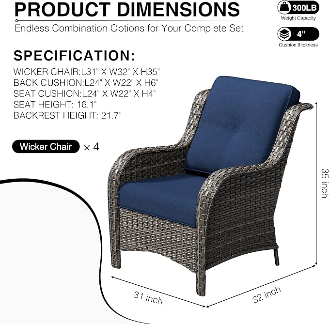 Joyside 4 Piece Wicker Patio Furniture Set, Rattan Patio Chairs with High Back, Deep Seating, Wide Armrest, Thickened Cushions, Outdoor Furniture for Deck, Porch Use