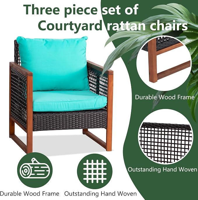 PayLessHere 3 Pieces Patio Set Wicker Patio Furniture Acacia Wood Outdoor Patio Furniture Set Rattan Chair Conversation Sets Bistro Set with Coffee Table and Water Resistant Cushions(Blue)